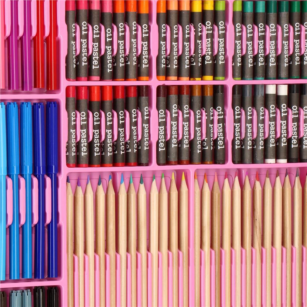 Set de pictura si desen pentru copii, 258 de piese, trusa plastic roz