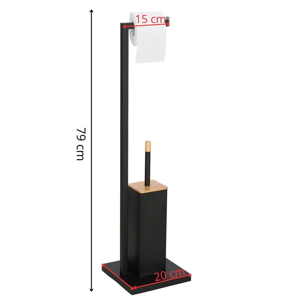 Stand cu perie WC si suport hartie igienica, metal si bambus, 79cm, negru