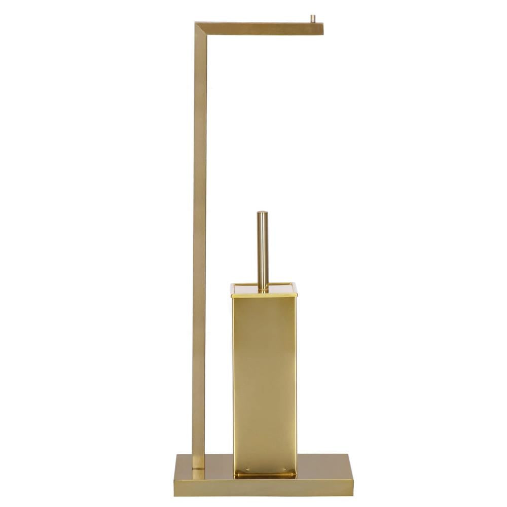 Stand cu perie WC si suport hartie igienica, metal si bambus, 67cm, auriu