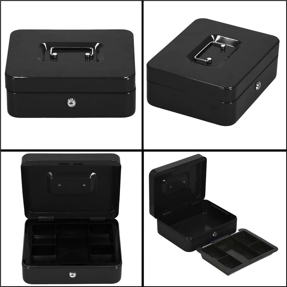 Caseta pentru bani tip cutie de valori, compartimentanta, cu cheie, metal, 25x20x9cm, negru