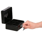 Caseta pentru bani tip cutie de valori, compartimentanta, cu cheie, metal, 15x12x8cm, negru