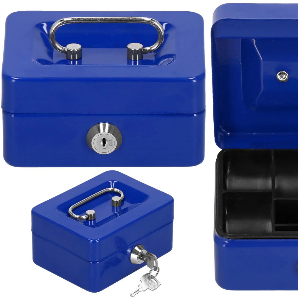 Caseta pentru bani tip cutie de valori, compartimentanta, cu cheie, metal, 12.5x9.5x6.5cm, albastru