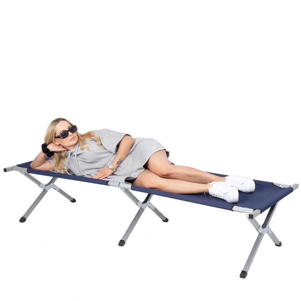 Pat pliant pentru camping, structura metalica, 190x74x42cm, 150kg, albastru marin