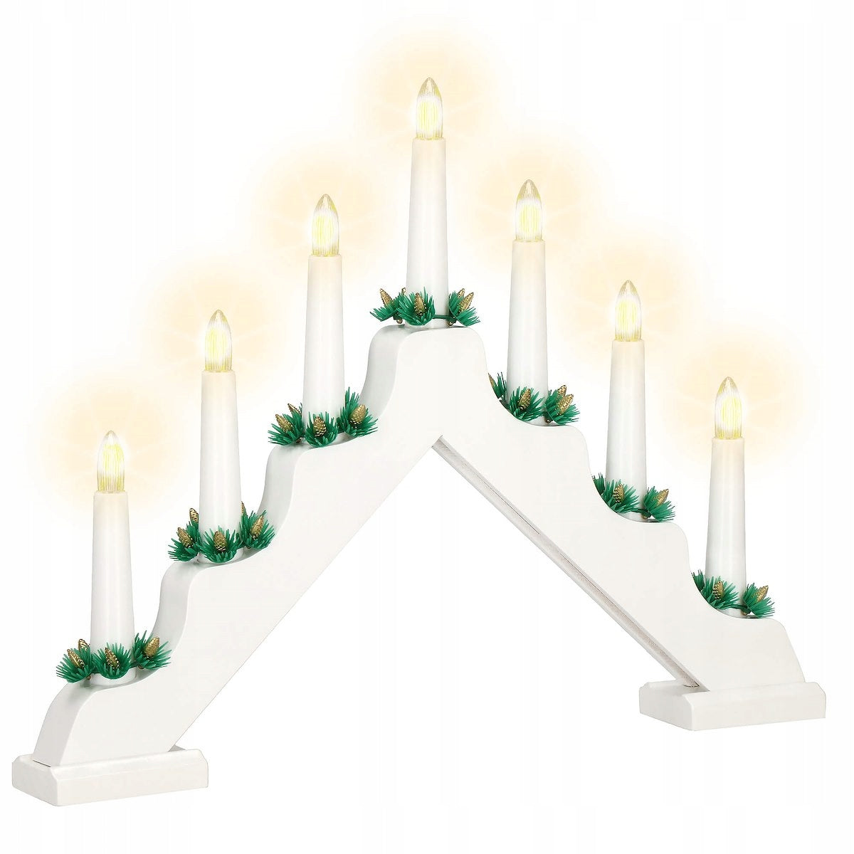 Lumanari decorative de Craciun, stand de lemn, 7 becuri tip LED, culoare alba