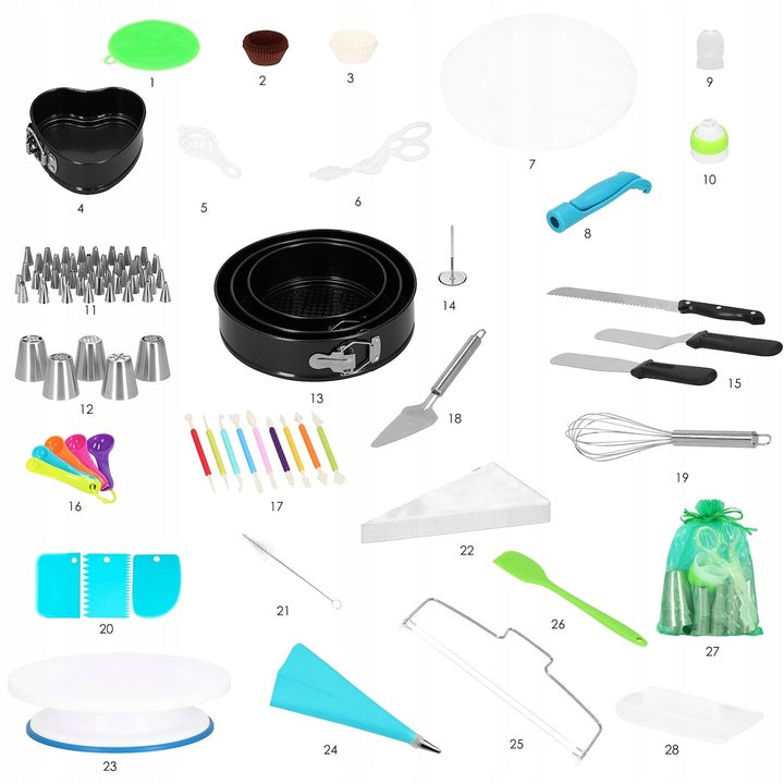 Set patiserie cu platou rotativ si 4 tavi de copt, 345 piese cu sabloane pentru ornarea prajiturilor