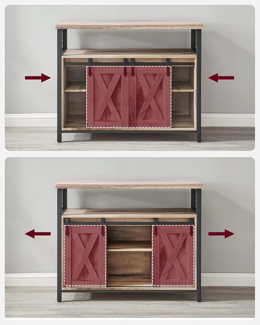 VASAGLE Comoda pentru living sau bucatarie, cu 2 usi glisante, rafturi reglabile, stil rustic, 33x100x80 cm, maro