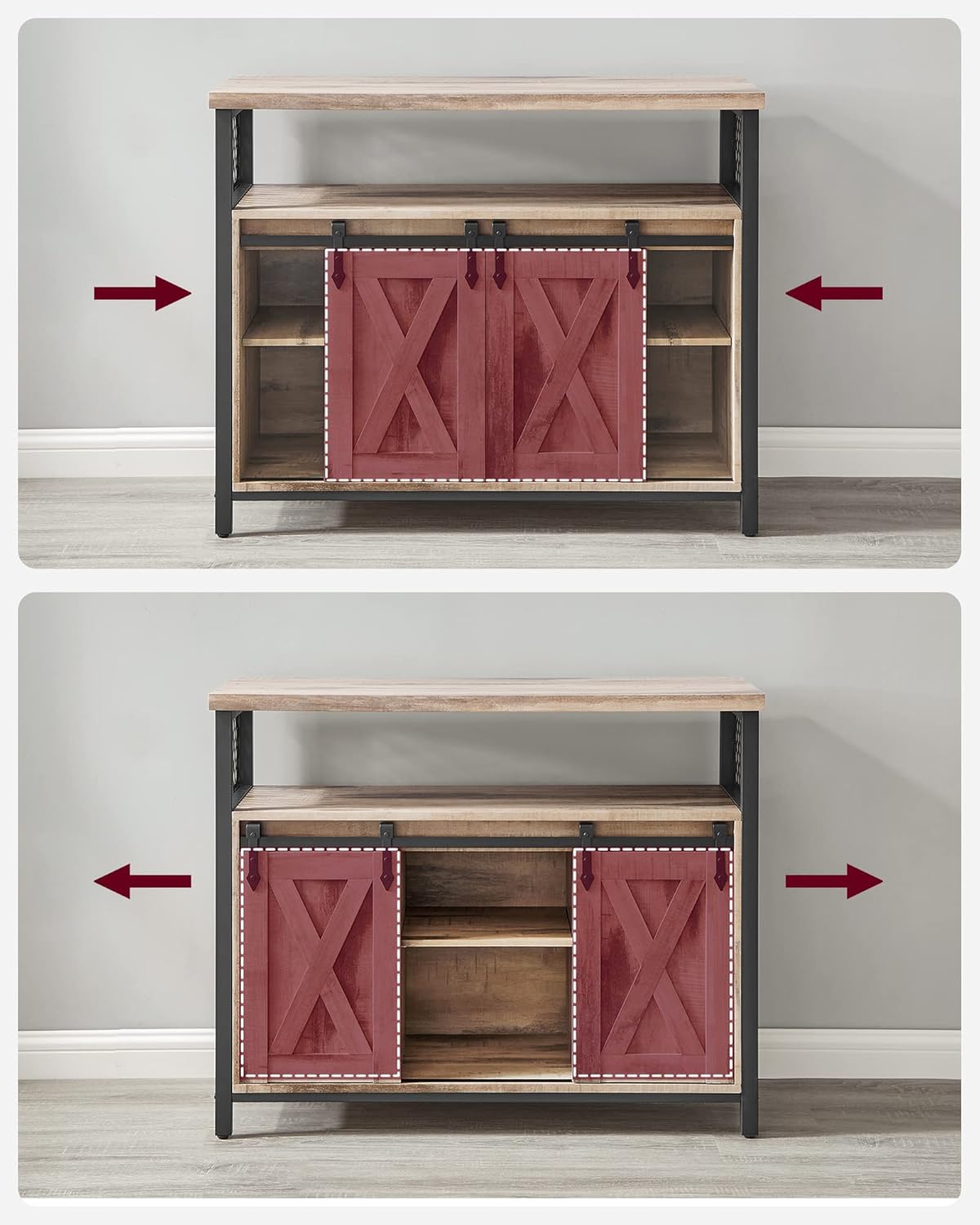 VASAGLE Comoda pentru living sau bucatarie, cu 2 usi glisante, rafturi reglabile, stil rustic, 33x100x80 cm, maro