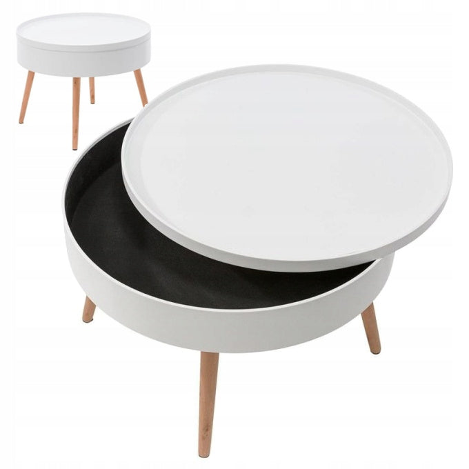 Masuta de cafea rotunda 60x40 cm, cu blat detasabil si spatiu depozitare, picioare din lemn de pin, alba