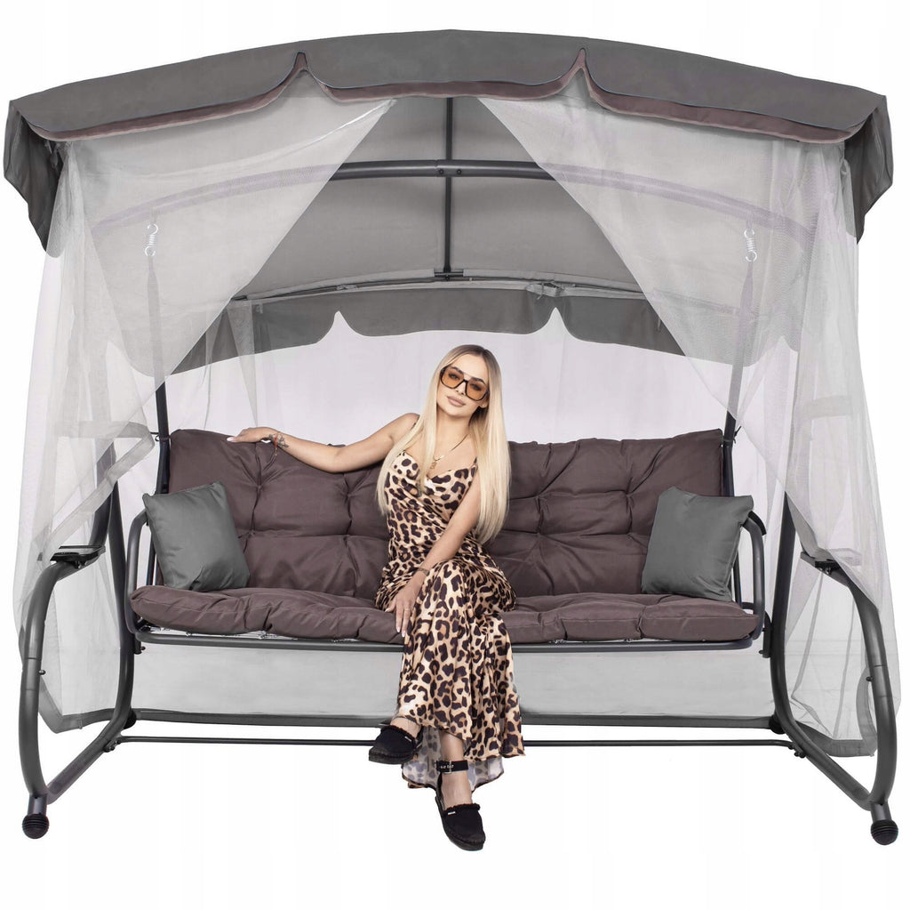 Balansoar gradina 226x126x192 cm, 3 in 1 leagan, pat si relaxare, cu plasa anti-insecte, copertina reglabila, saltea si perne incluse, gri si maro