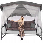 Balansoar gradina 226x126x192 cm, 3 in 1 leagan, pat si relaxare, cu plasa anti-insecte, copertina reglabila, saltea si perne incluse, gri si maro