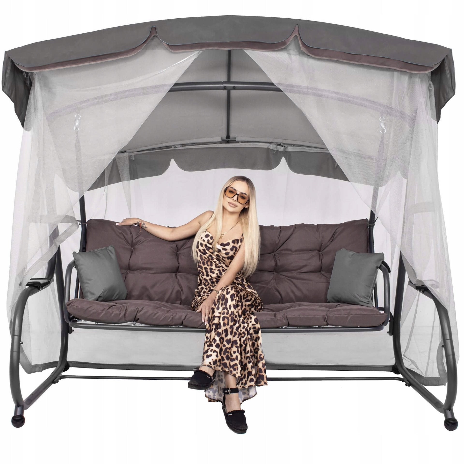 Balansoar gradina 226x126x192 cm, 3 in 1 leagan, pat si relaxare, cu plasa anti-insecte, copertina reglabila, saltea si perne incluse, gri si maro