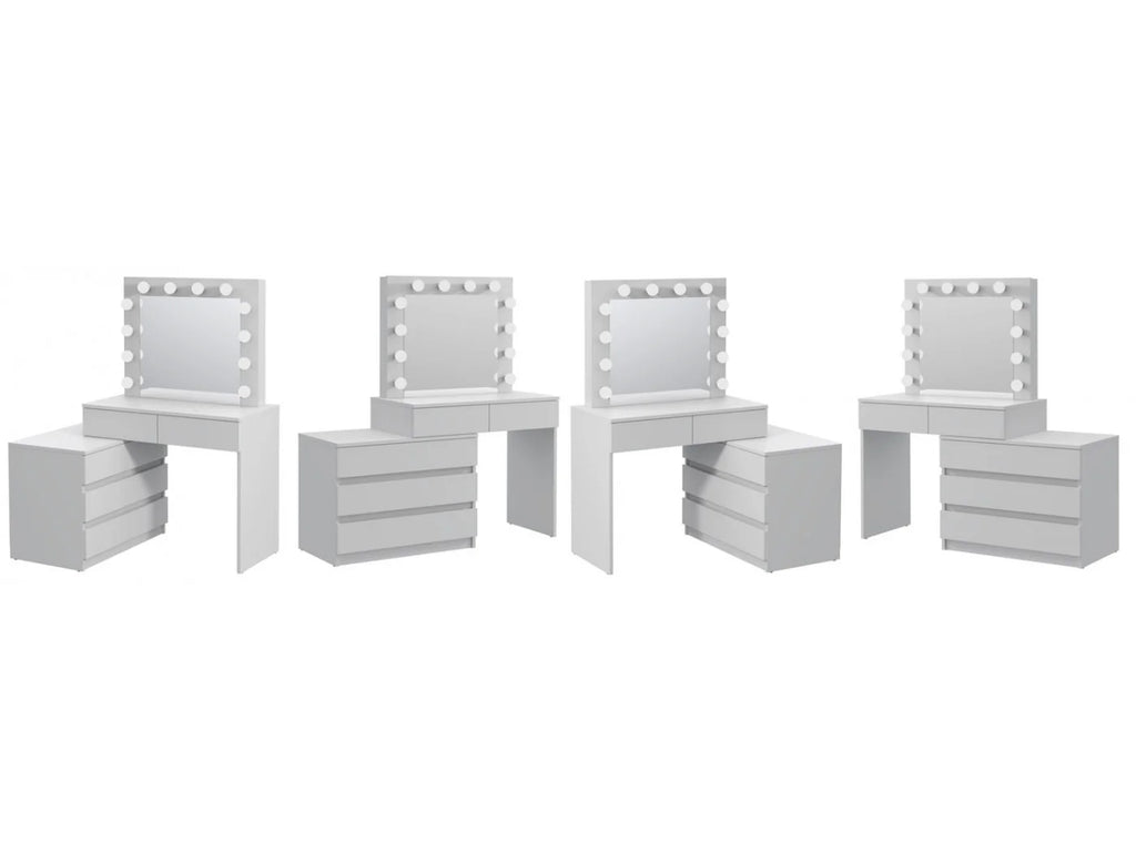 Masa de toaleta si machiaj colt Carla cu oglinda 12 LED si comoda 5 sertare, montaj stanga/dreapta, alb