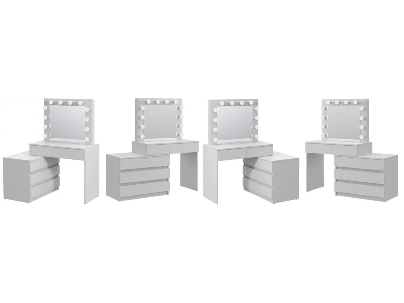 Masa de toaleta si machiaj colt Carla cu oglinda 12 LED si comoda 5 sertare, montaj stanga/dreapta, alb