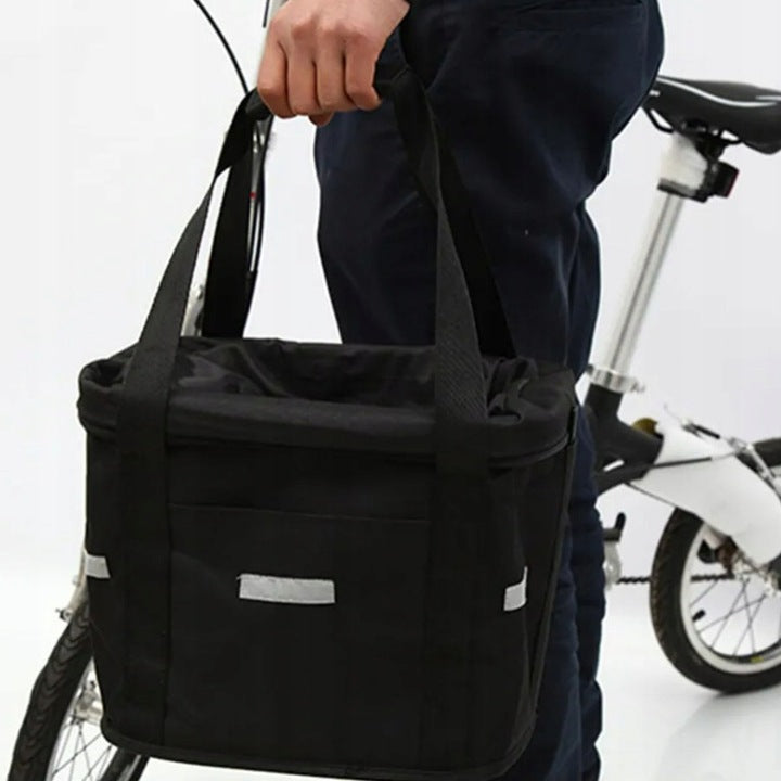 Cos bicicleta fata 34x24x25 cm, aluminiu si material textil, sistem click, cu husa ploaie, negru