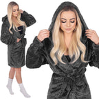 Halat de baie pentru femei pana la genunchi, cu gluga, marimea L/XL, gri inchis