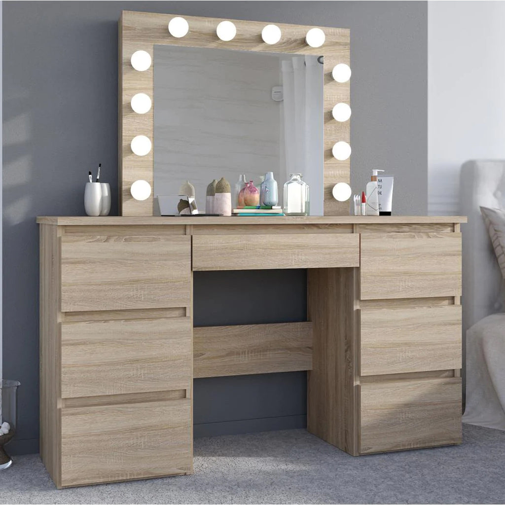 Masa de toaleta si machiaj cu oglinda LED si 7 sertare, 120x43x140 cm, sonoma