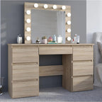 Masa de toaleta si machiaj cu oglinda LED si 7 sertare, 120x43x140 cm, sonoma