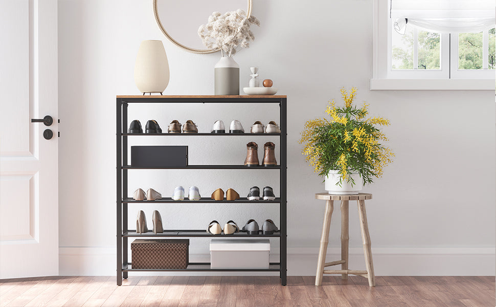 VASAGLE Etajera pantofi cu 5 rafturi si polita superioara, 100x30x110 cm, maro rustic