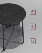 VASAGLE Masuta de cafea rotunda cu cos de stofa, statie de incarcare 2 prize si 2 USB, 45x50cm, negru