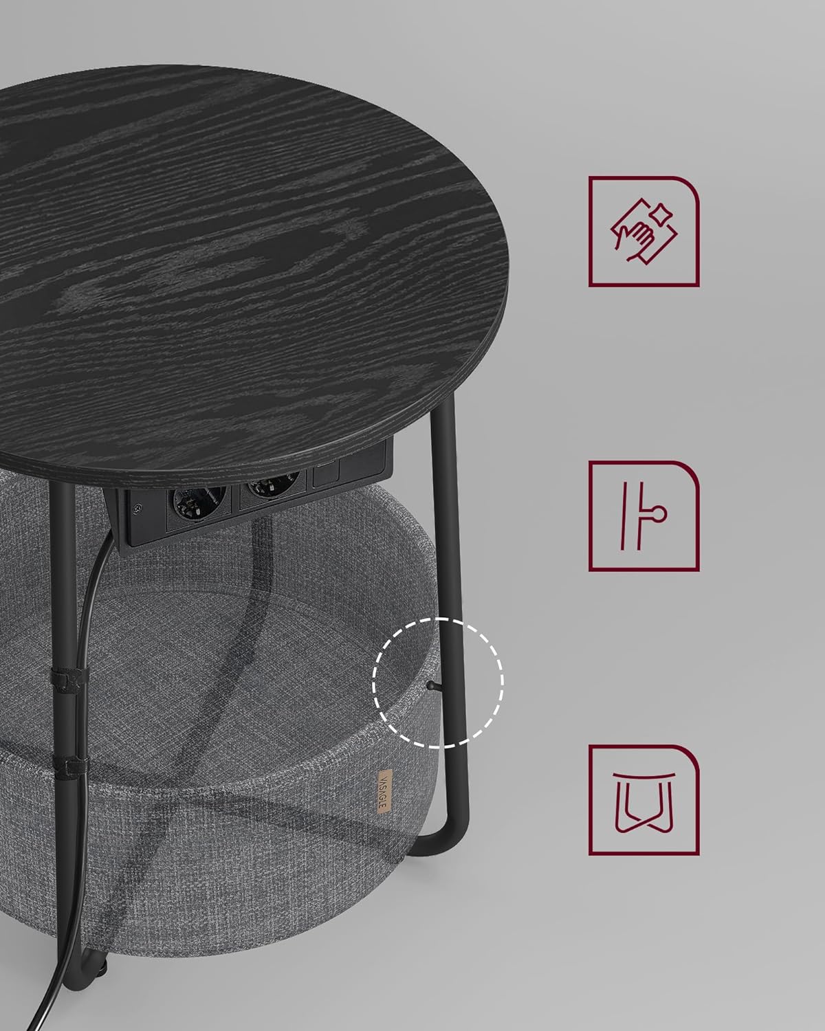 VASAGLE Masuta de cafea rotunda cu cos de stofa, statie de incarcare 2 prize si 2 USB, 45x50cm, negru