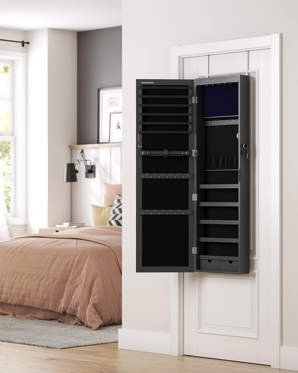 SONGMICS Dulap de bijuterii cu oglinda, din MDF, montare pe perete, 37x10x120 cm, negru