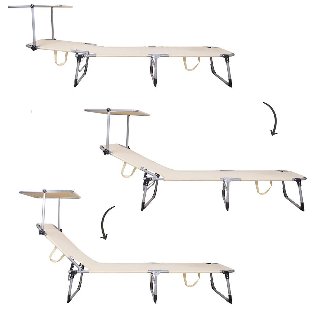 Sezlong pliabil cu parasolar, 188x57x38cm, sarcina 120kg, crem