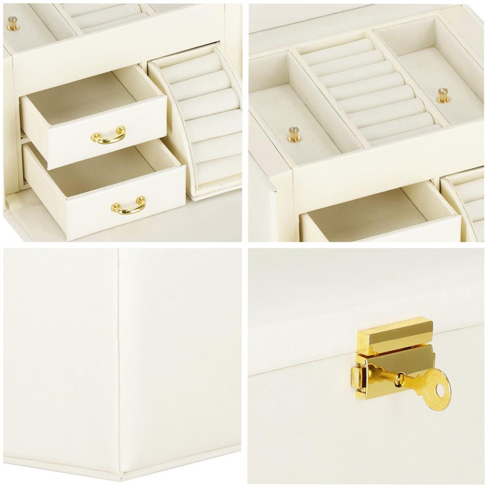 (DL) Cutie depozitare si organizare bijuterii, MDF, piele ecologica, 17,5 x 12 x 13,5 cm., crem