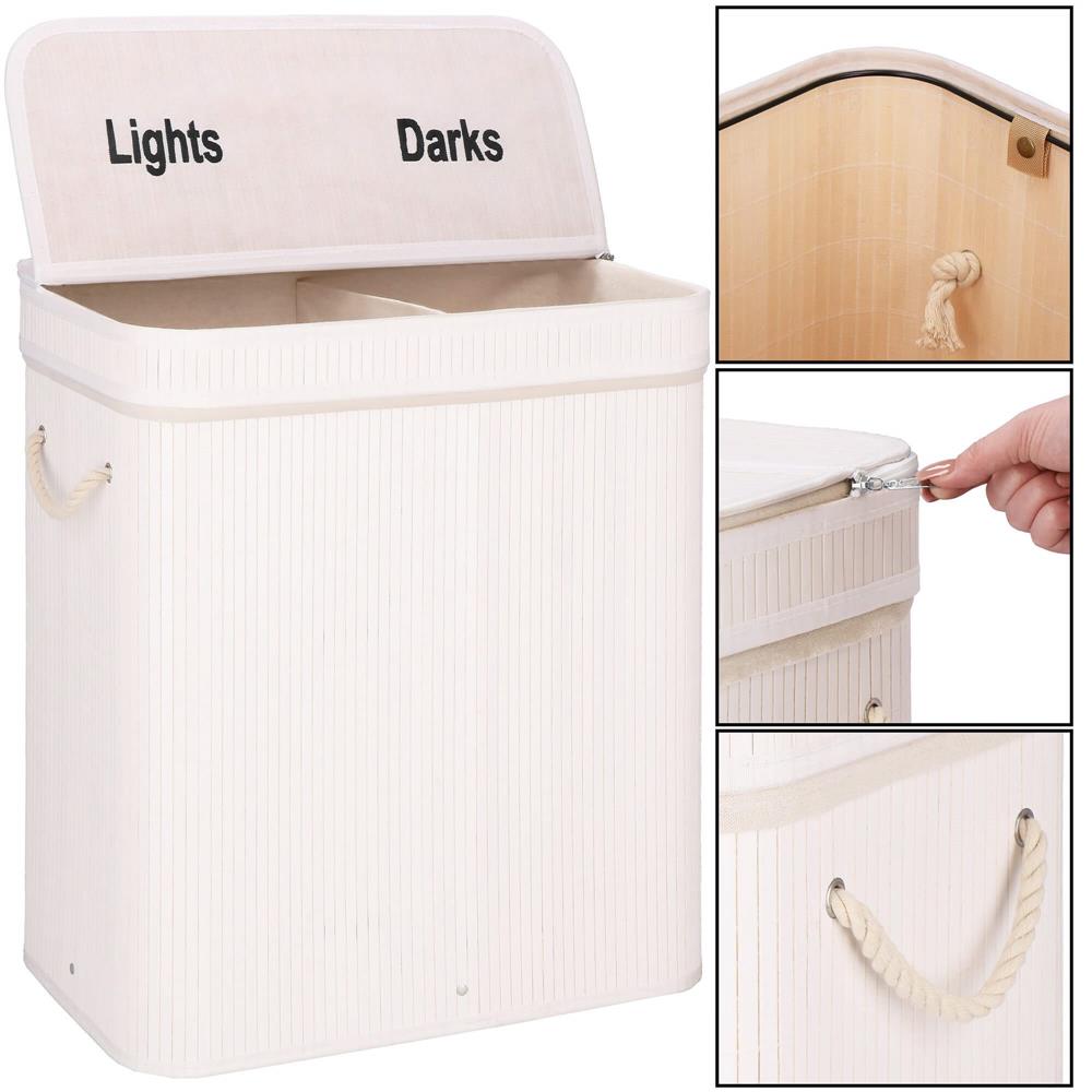 Cos de rufe din bambus cu capac, 2 compartimente, sac detasabil, volum 100L, 54x35x60cm, alb