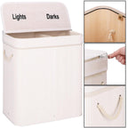 Cos de rufe din bambus cu capac, 2 compartimente, sac detasabil, volum 100L, 54x35x60cm, alb