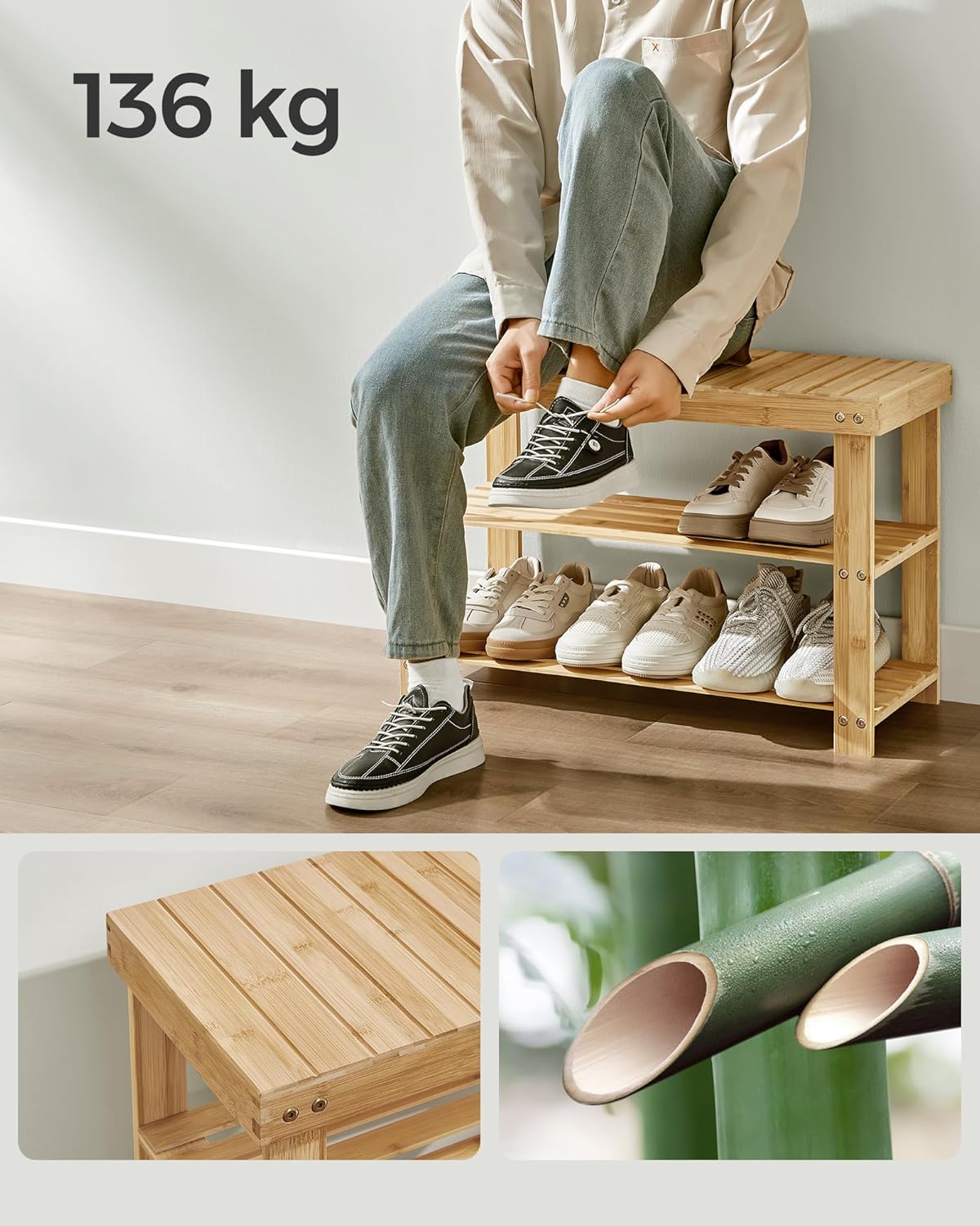 SONGMICS Set multifunctional pentru hol cu banca pentru pantofi si cuier, din bambus, 29x70x45 cm, maro natur