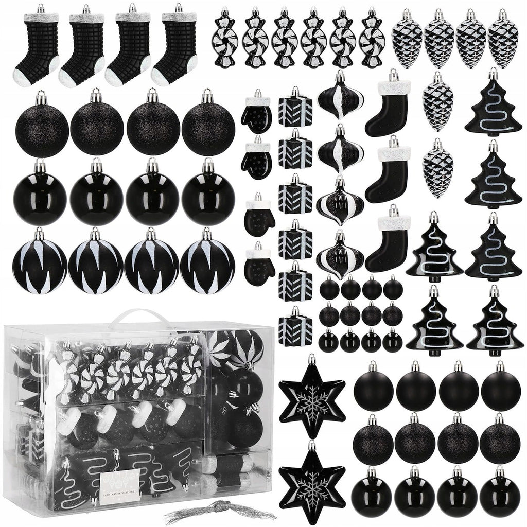 Set globuri si decoratiuni de Craciun, 77 piese, diverse dimensiuni, negru