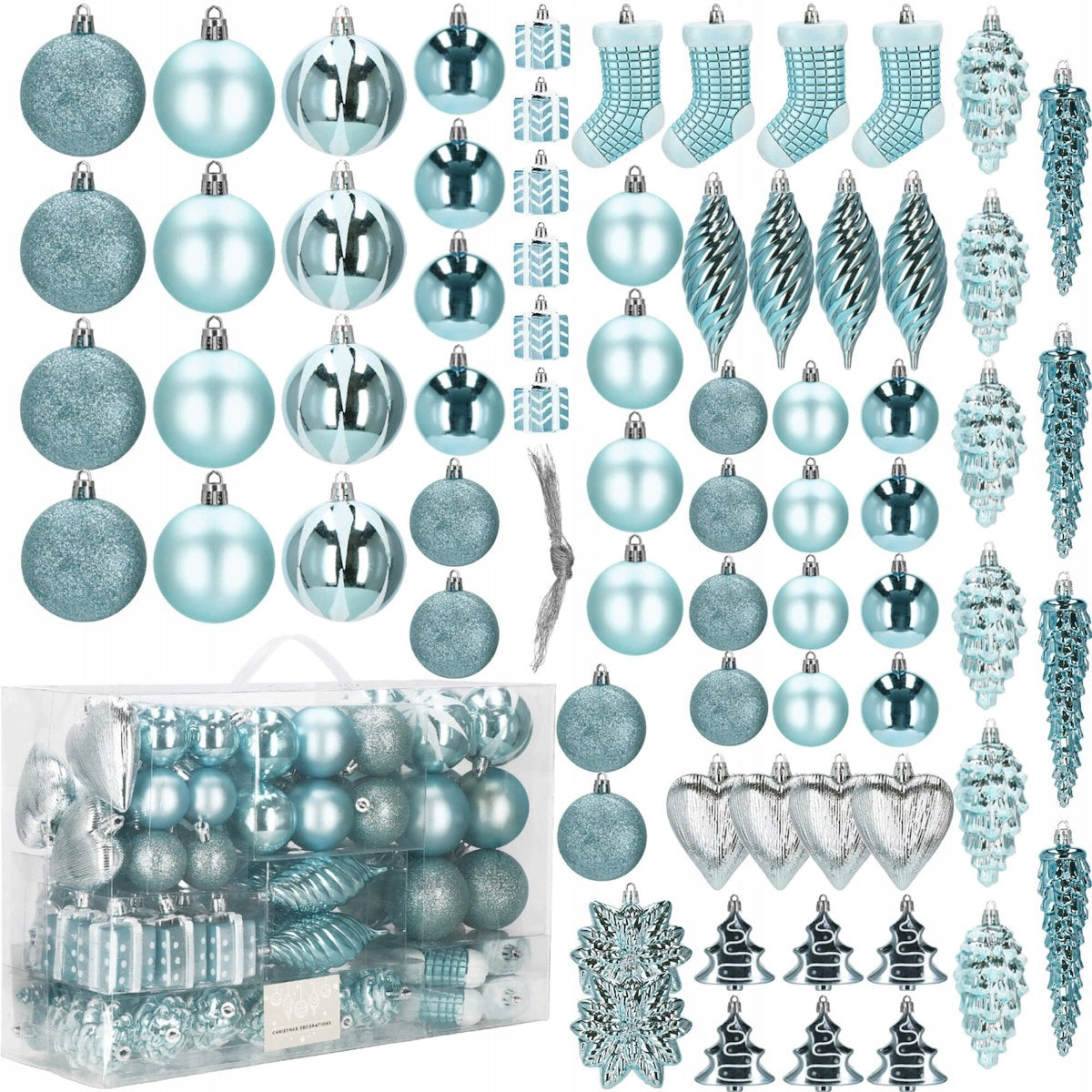 Set globuri si decoratiuni de Craciun, 72 piese, diverse dimensiuni, albastru