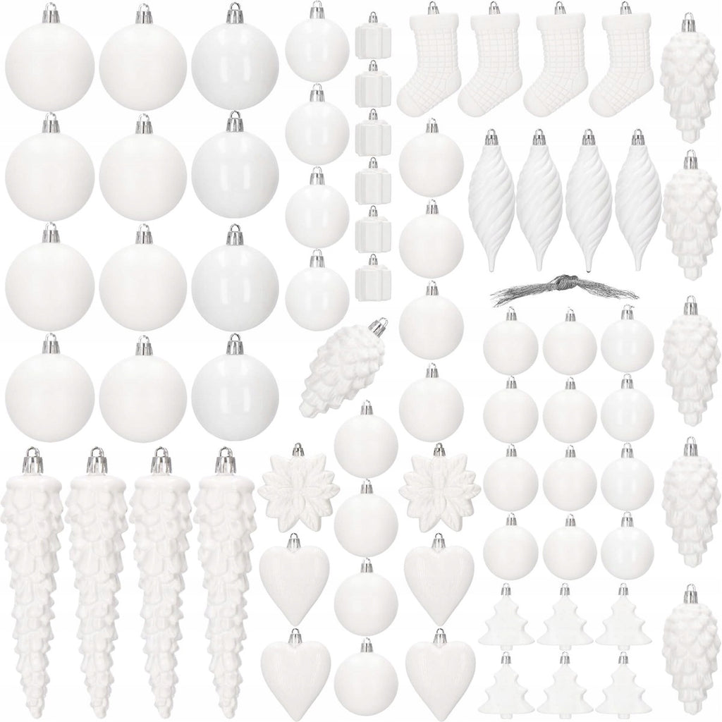 Set globuri si decoratiuni de Craciun, 72 piese, diverse dimensiuni, alb