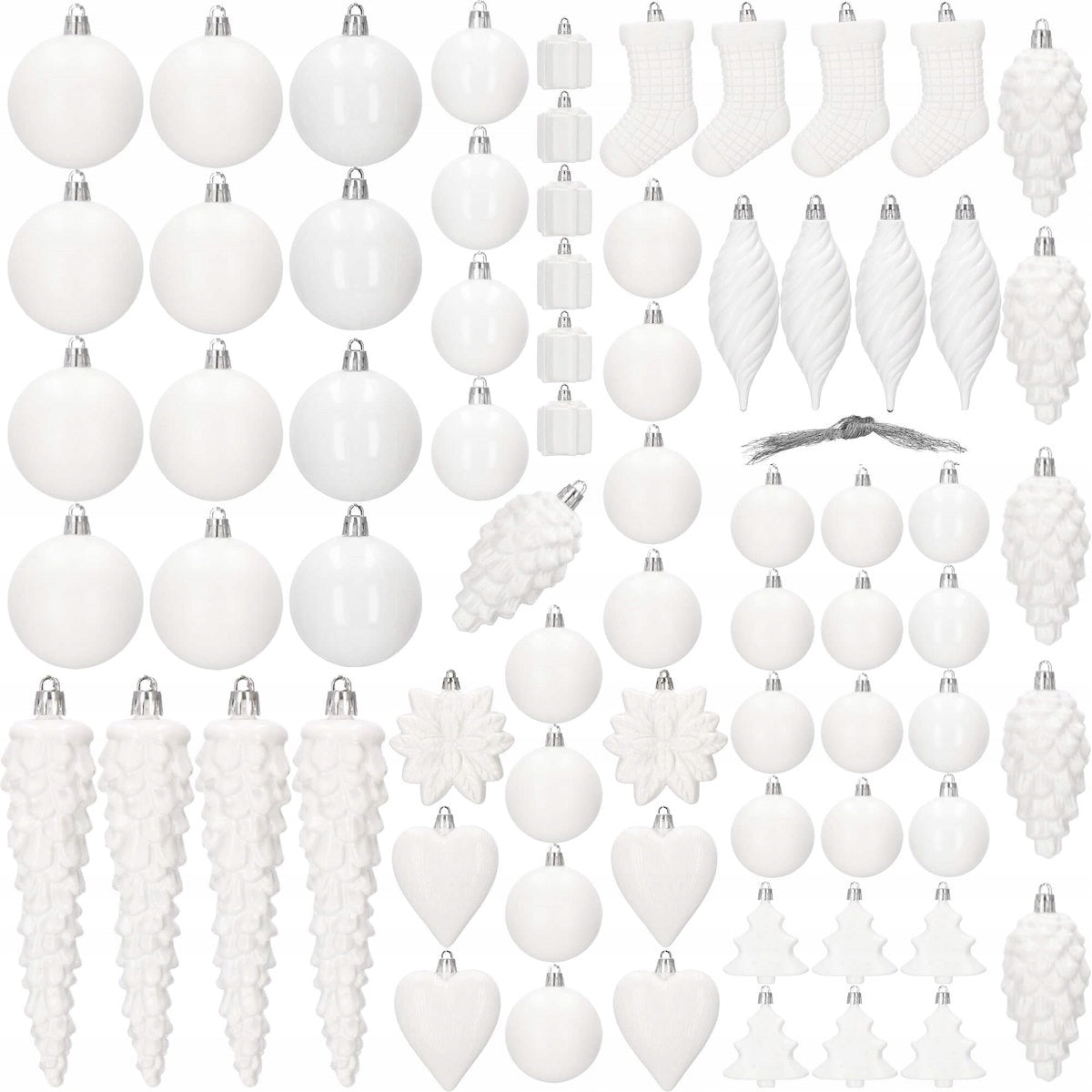Set globuri si decoratiuni de Craciun, 72 piese, diverse dimensiuni, alb