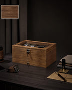 SONGMICS Cutie de ceasuri din lemn masiv, 8 compartimente si sertar bijuterii, 19x27x13cm, nuc rustic