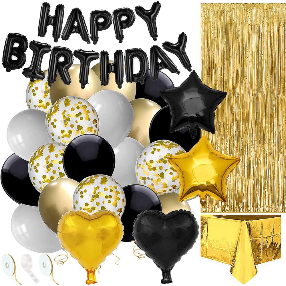 Set 46 baloane si decoratiuni, Happy Birthday, incluse fata de masa si perdea negru auriu
