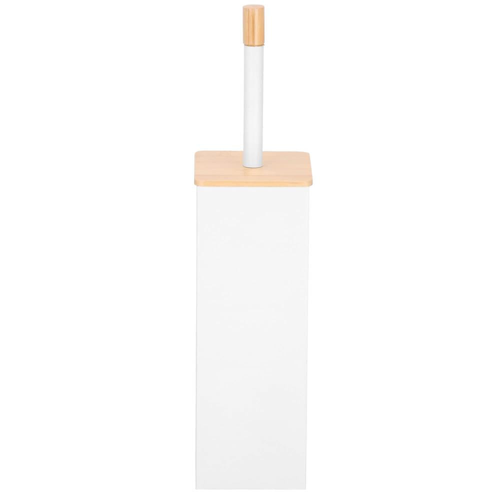 Perie WC cu rezervor detasabil si capac, din metal si bambus, 40 cm, alb