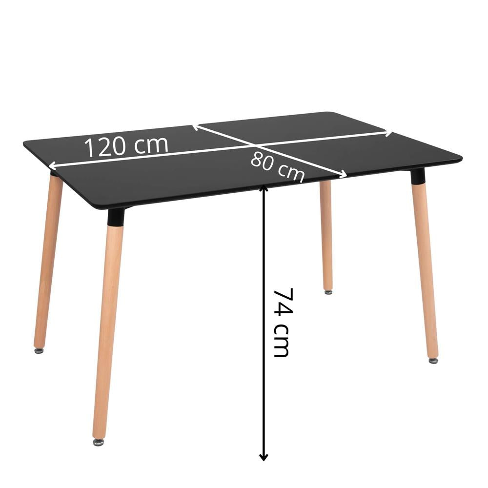 Masa dining bucatarie, dreptunghiulara, 120x80x74 cm, Blat MDF, Picioare lemn, Negru
