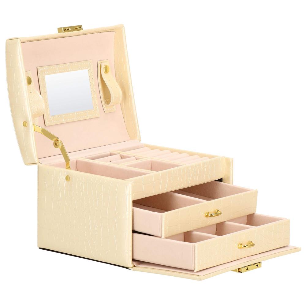 (DL) Cutie depozitare si organizare bijuterii, MDF, piele ecologica si velur, 17,5 x 14 x 12,5cm, crem