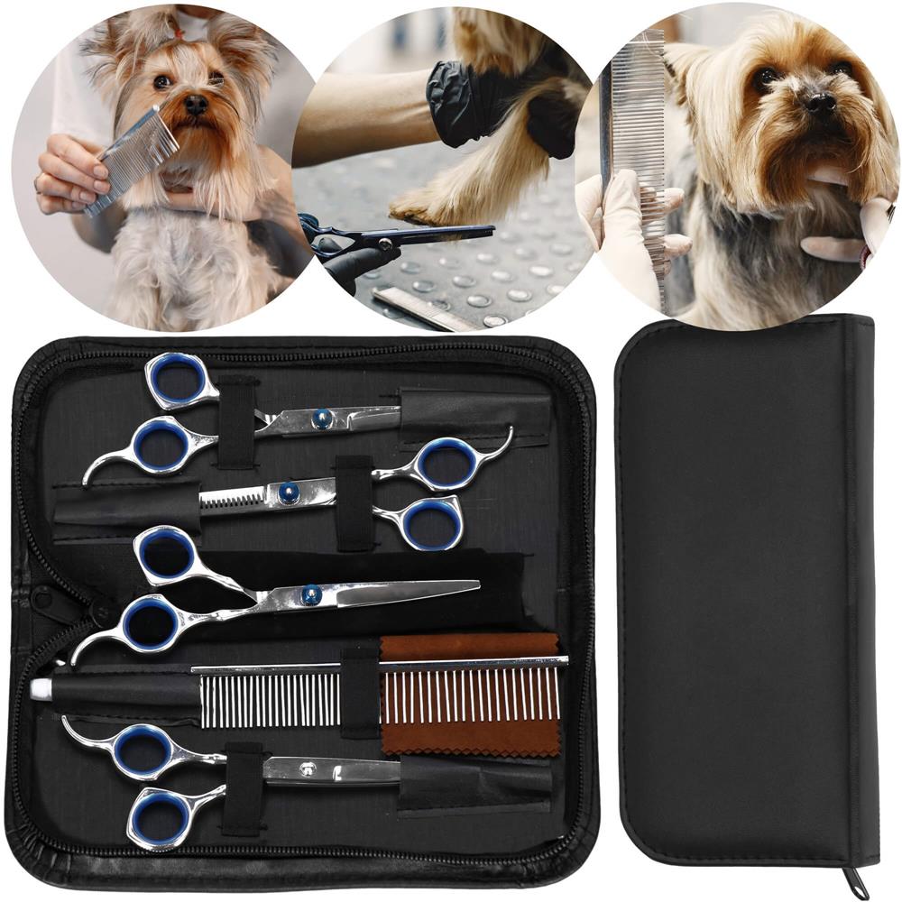 Set de ingrijire pentru animale de companie, cu 4 foarfece pentru tuns si accesorii