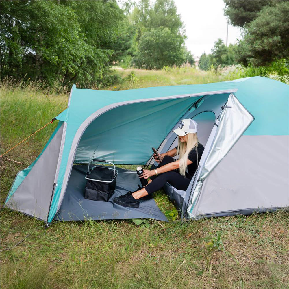 Cort plaja sau camping, impemeabil, cu terasa, 4 locuri, 175x310x130cm, gri albastru