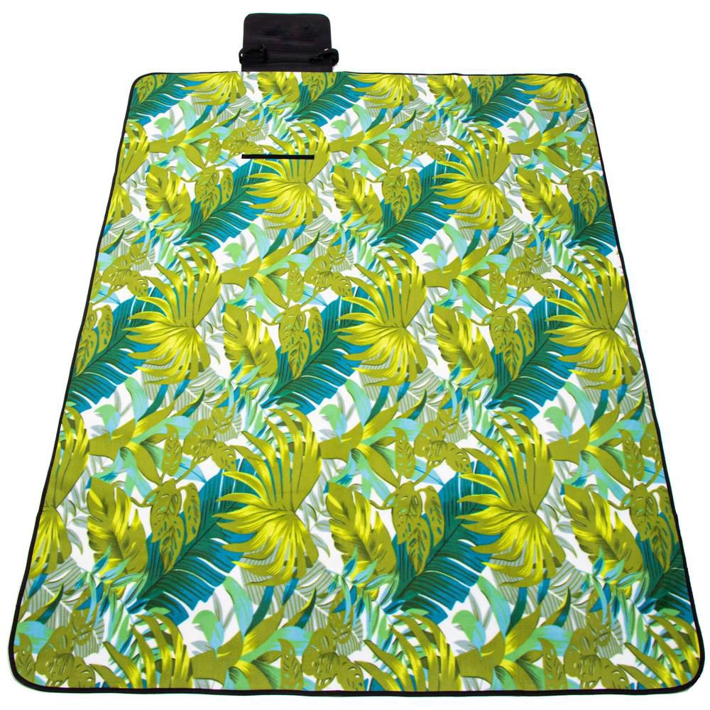 Patura pentru picnic sau plaja, cu folie izolatoare si maner, 200x200cm, model frunze, verde