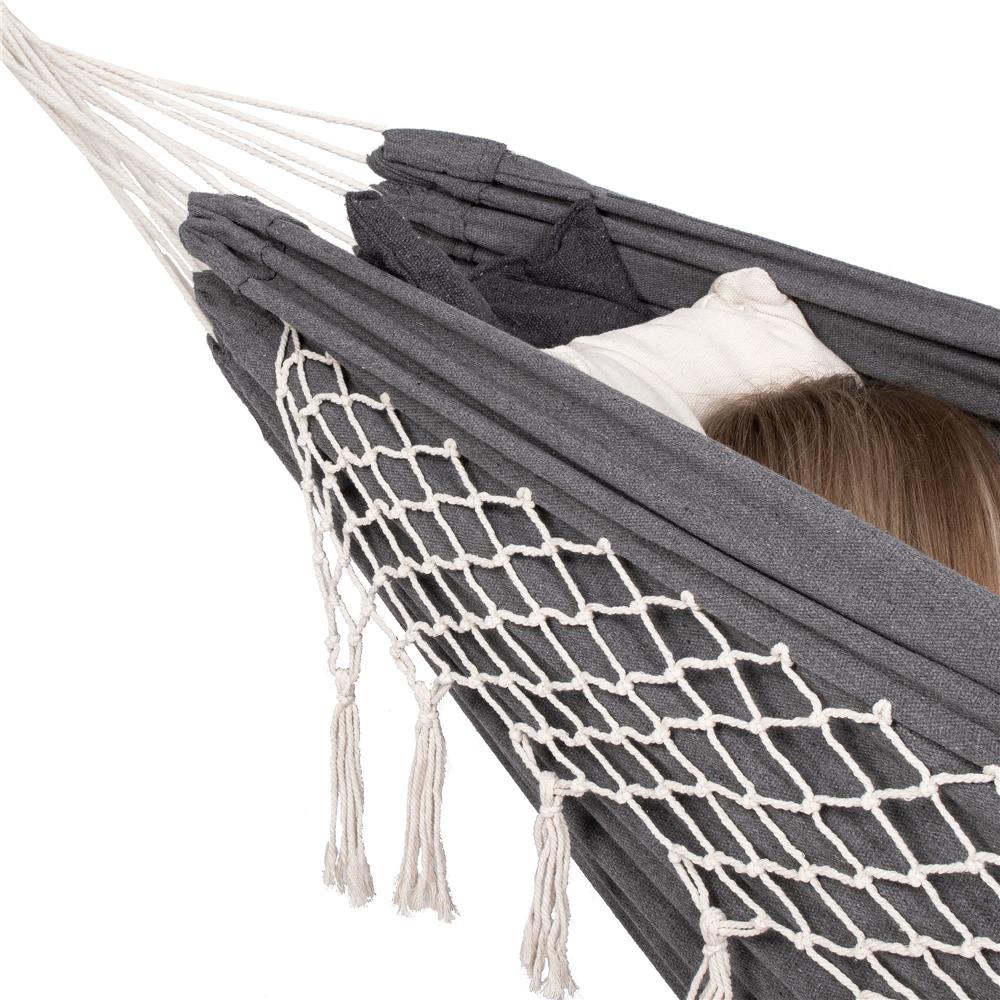 Hamac doua persoane cu franjuri si 2 perne, 200kg, 200×150 cm, gri inchis