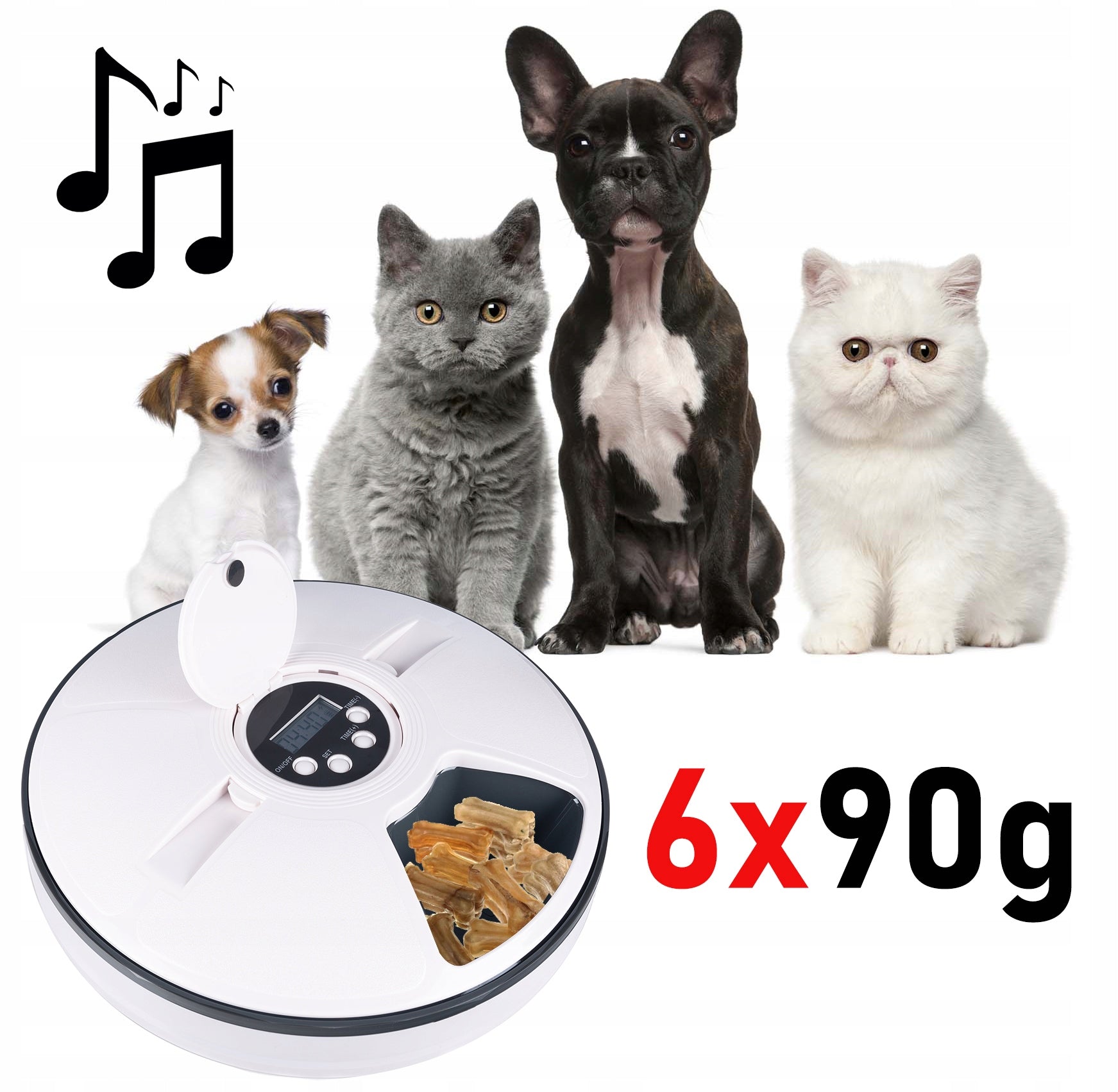 Hranitor automat pentru caini si pisici, sunet hranire, capacitate dispenser 6x70gr, cu display digital