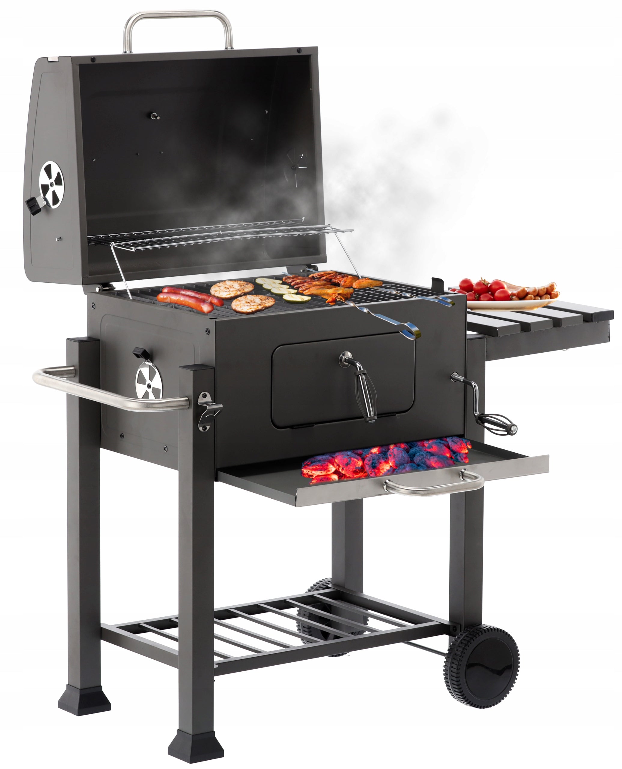 Gratar dreptunghiular pe carbuni, cu suport lateral si termometru capac, 115x60x108cm