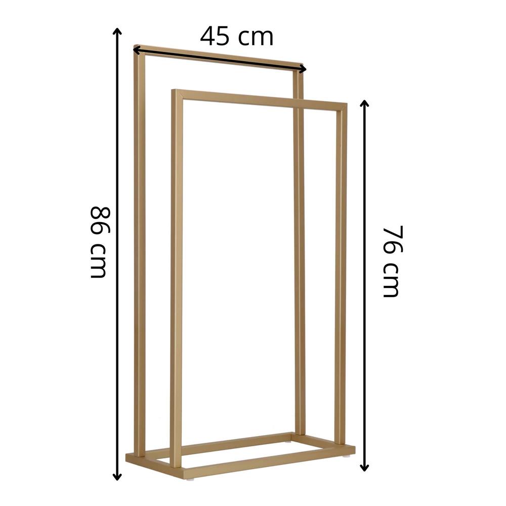 Suport metalic de baie pentru prosoape, cu 2 standuri, 86 cm, auriu mat