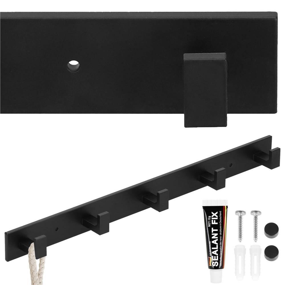 Cuier de baie pentru prosoape cu 2 sisteme instalare, aluminiu, 5 agatatori, 45x4cm, negru