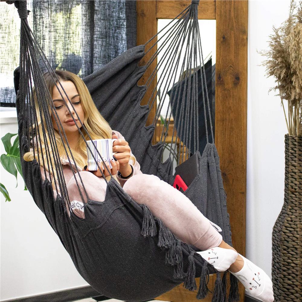 Hamac tip leagan suspendat pentru casa sau gradina, cu perne, 130x100cm, 150kg, gri inchis