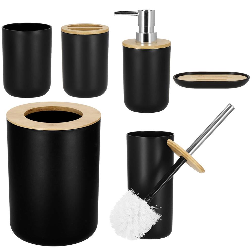 Set de accesorii rotunde pentru baie din plastic cu elemente bambus, 6 piese, negru