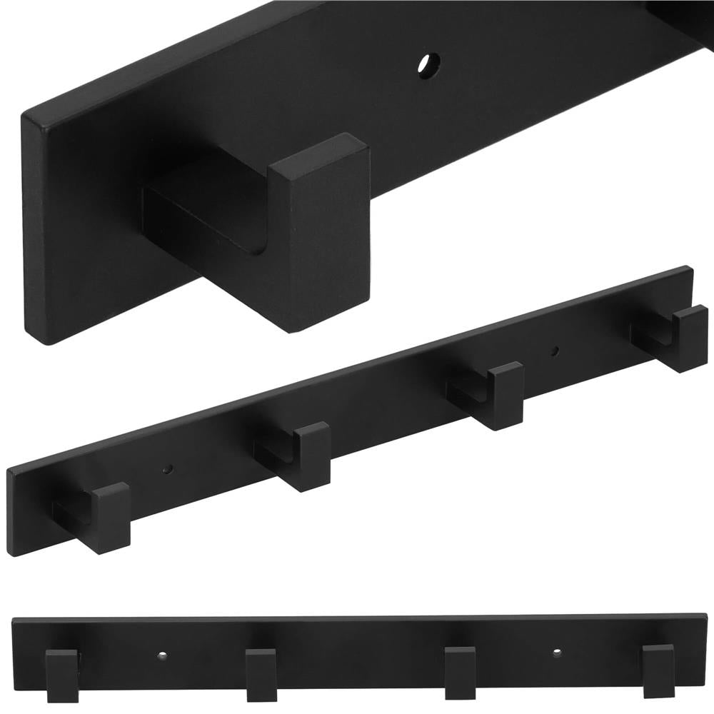 Cuier de baie pentru prosoape cu 2 sisteme instalare, aluminiu, 4 agatatori, 35x4cm, negru